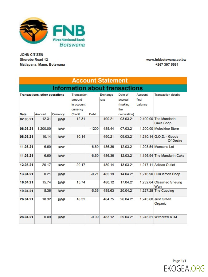 Modèle de relevé bancaire FNB du Botswana au format de fichier .xls et .pdf